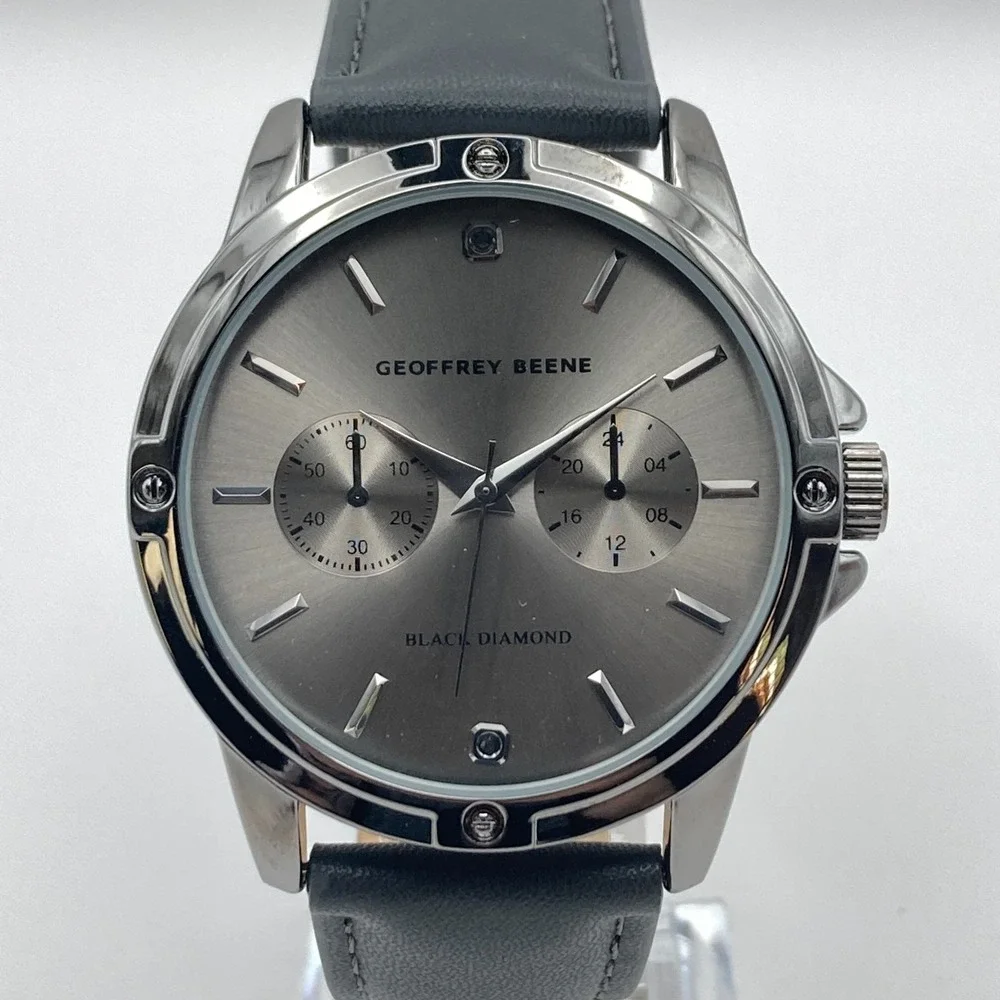 Geoffrey Beene Men's Watch 43mm Black Diamond Gray Band New Battery 10